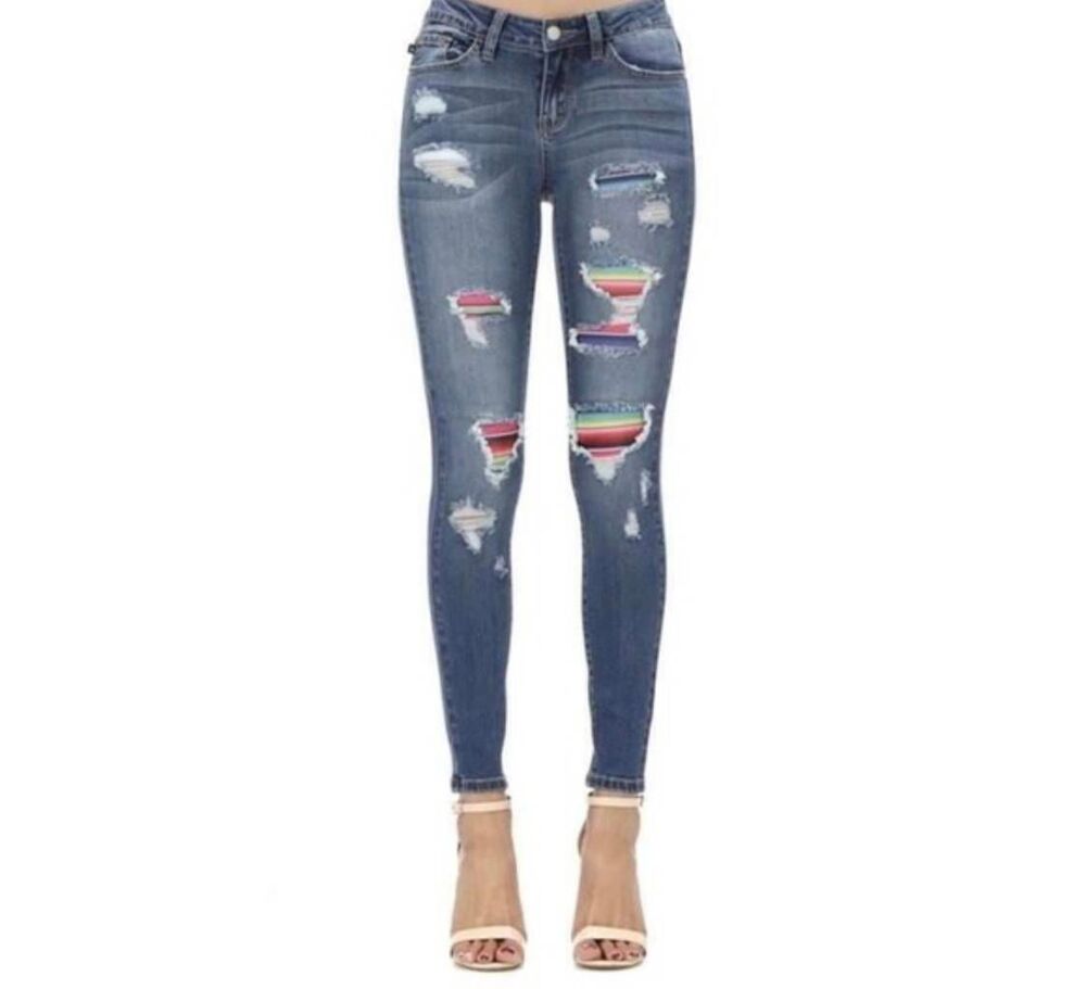 Judy Blue Serape Southwestern Patch Distressed Skinny Jeans 11/30 NWT Casual Den